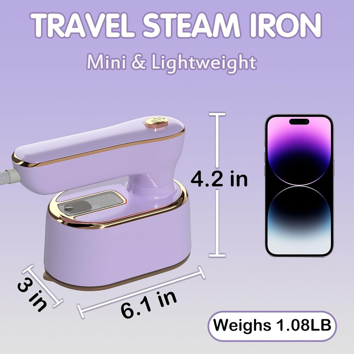Purple travel steam iron size: 6.1 x 3 x 4.2 in, 1.08 lb