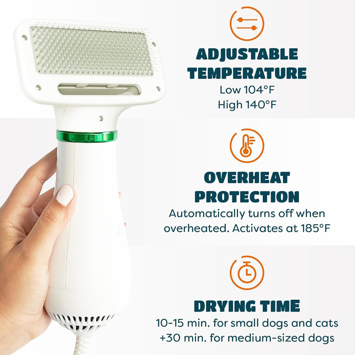 2 heat settings and overheat protection