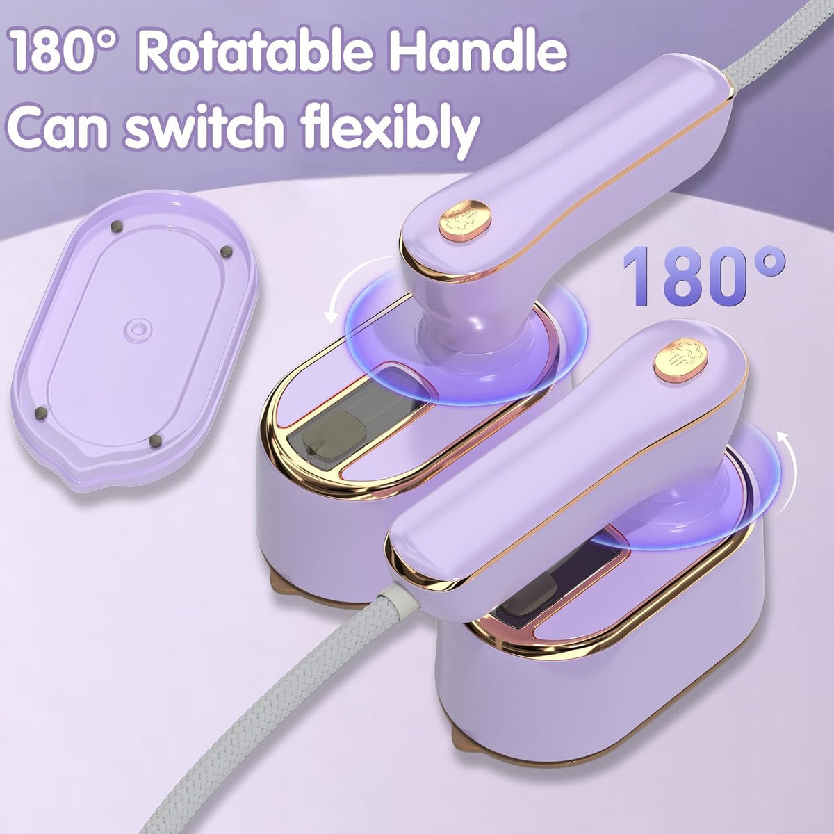 Velora Mini Steam Iron in Purple with 180° rotating handle
